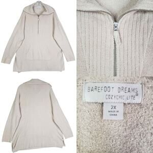 Barefoot Dreams Cozychic Sweater Women’s Plus Size 2X Cream Ribbed Quarter Zip
